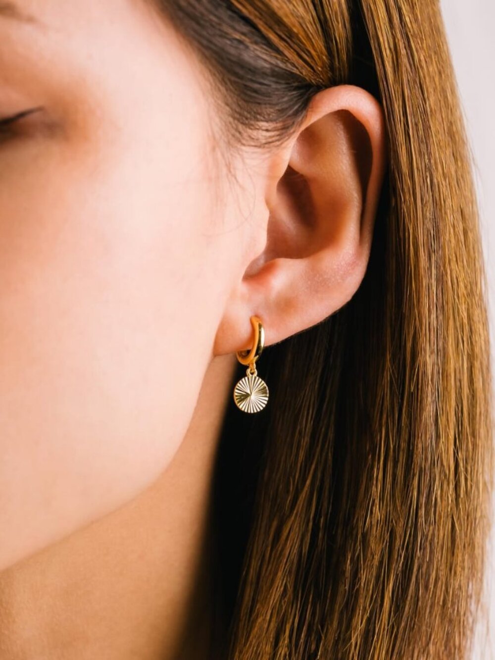 Coin Fluted Huggie Drop Hoop Earrings - Gold